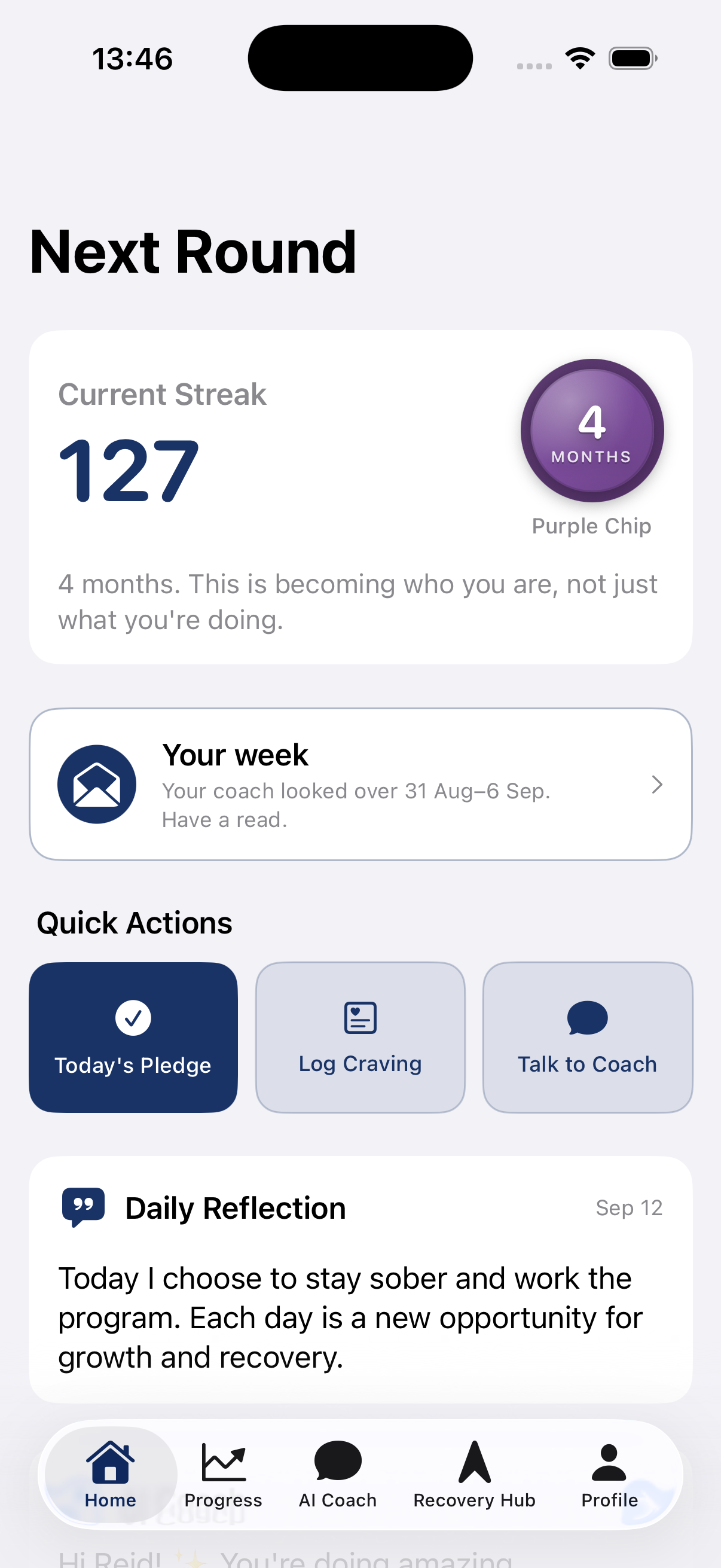 The Next Round home screen showing a 127-day streak and the weekly check-in